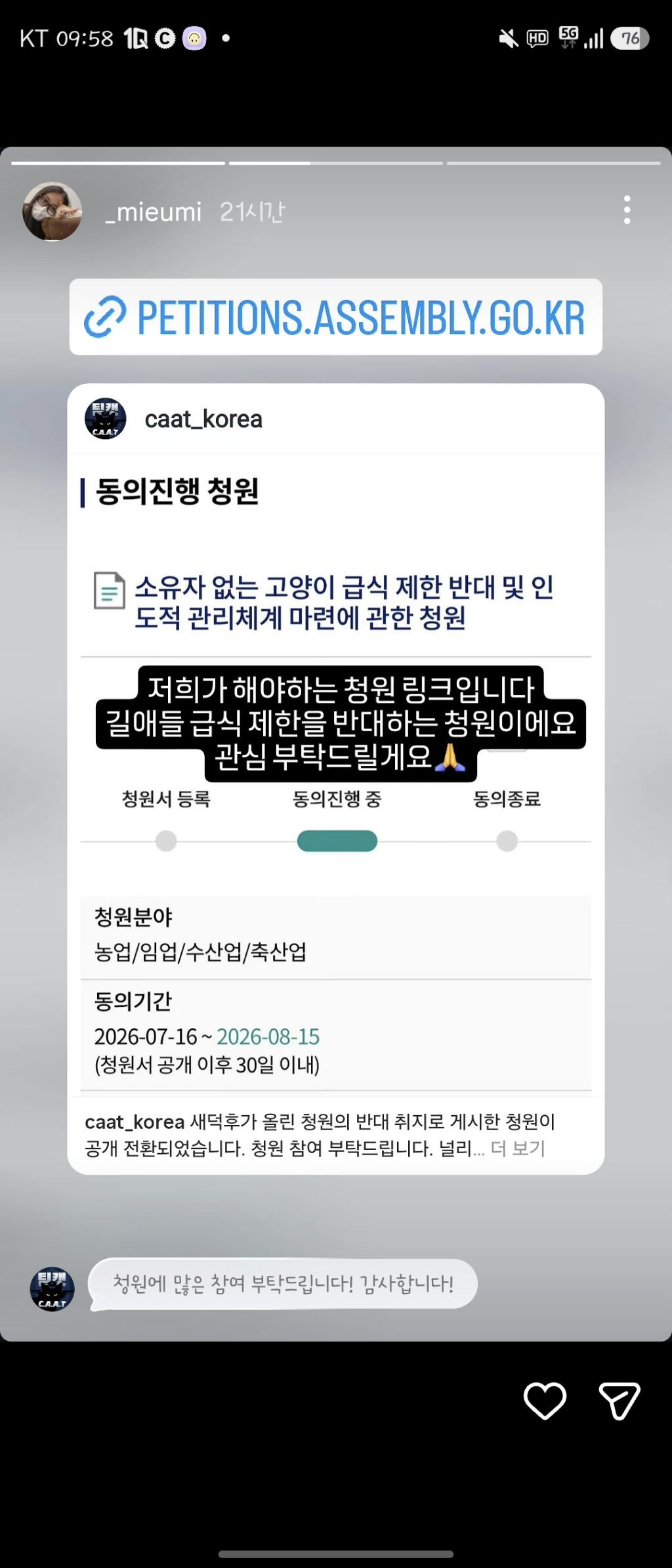 길고양이 급식제한 반대청원에 목소리 내준 사람들 | 인스티즈