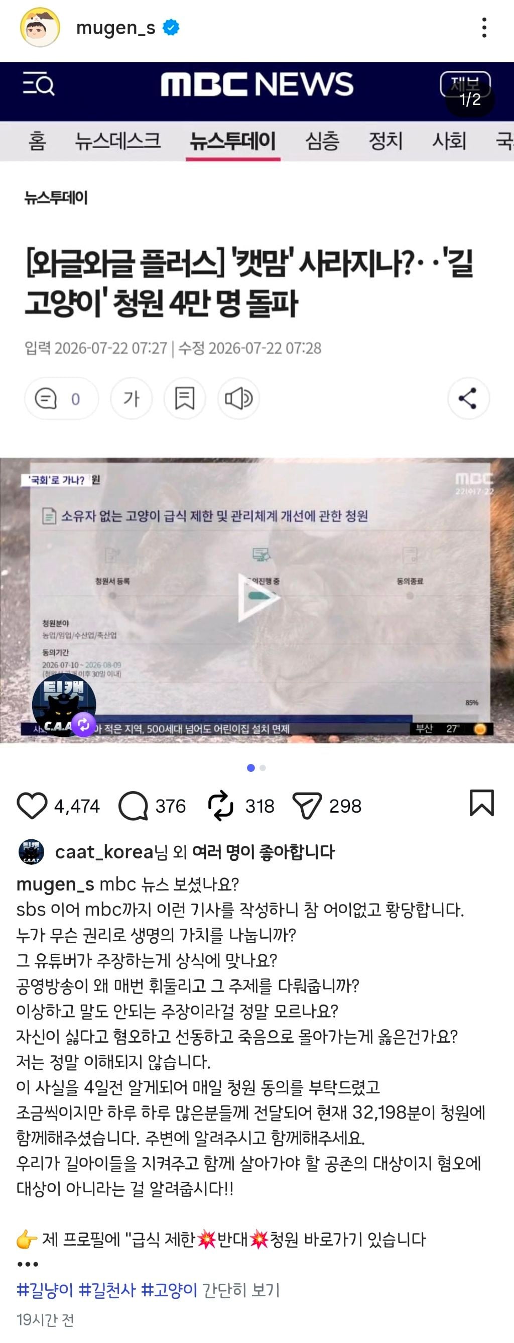 길고양이 급식제한 반대청원에 목소리 내준 사람들 | 인스티즈