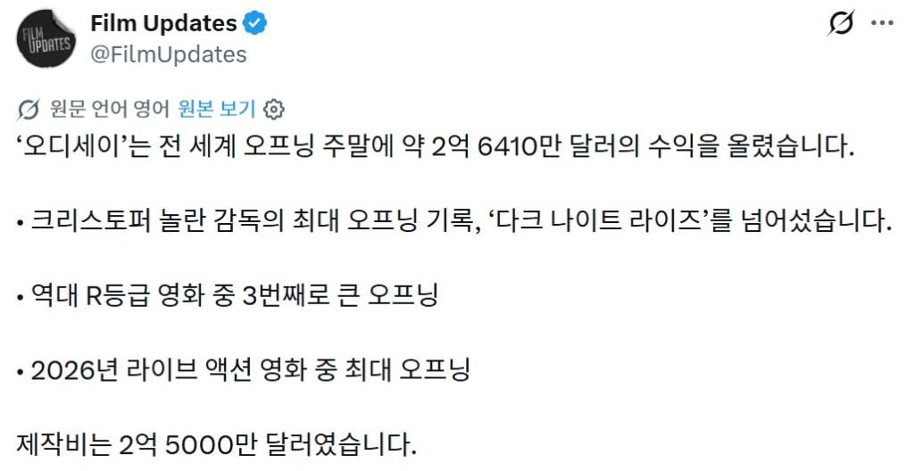 오디세이 전세계 오프닝 2억 6400만 달러, 놀란 영화 역대 최고 기록 | 인스티즈