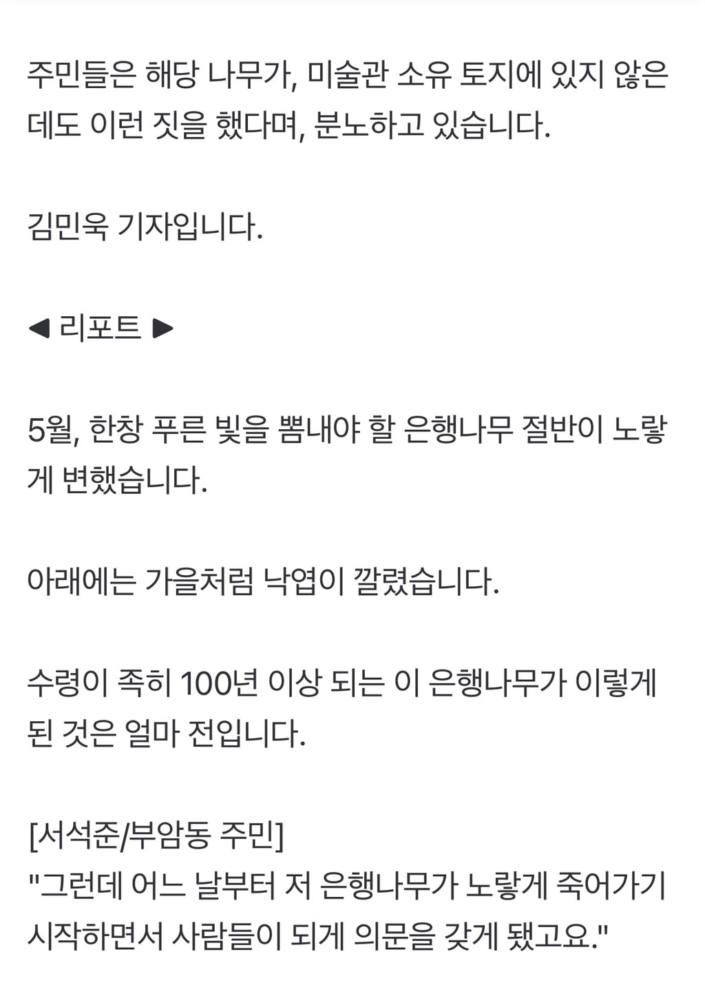 "미술관이 나무 죽였다"은행나무 제초제 논란 + 자연물 보호를 위한 법·제도 개선에 관한 청원(feat. 최재천 교수님의 청원) | 인스티즈