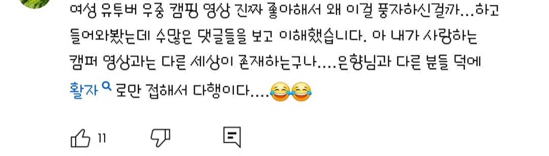 댓글들 난리난 노출 심한 차림으로 우중캠핑하는 일부 유튜버들 풍자한 엄은향 | 인스티즈