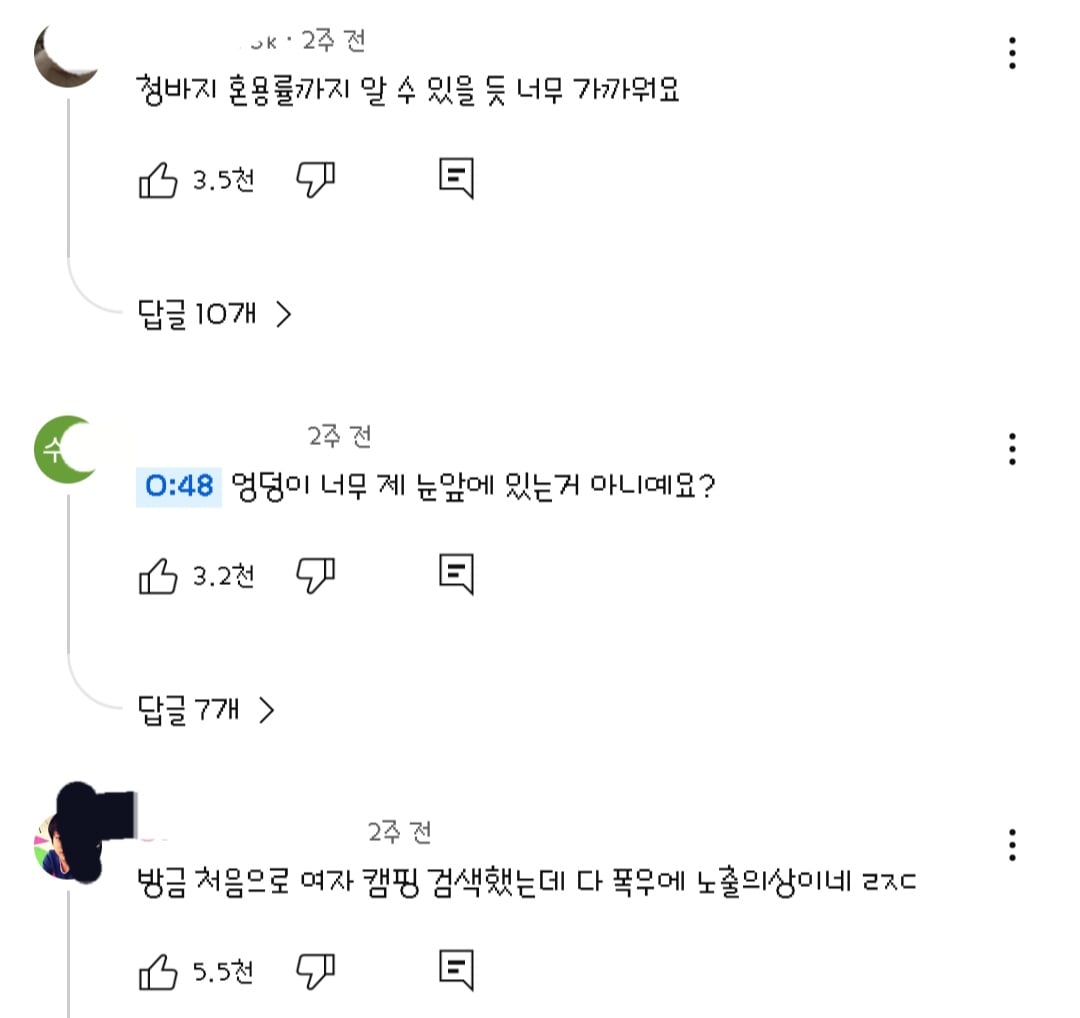 댓글들 난리난 노출 심한 차림으로 우중캠핑하는 일부 유튜버들 풍자한 엄은향 | 인스티즈