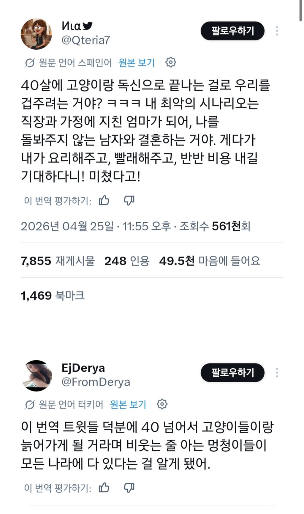 40살 넘어서 고양이랑 독신으로 늙어갈거라고 겁주는거야? | 인스티즈