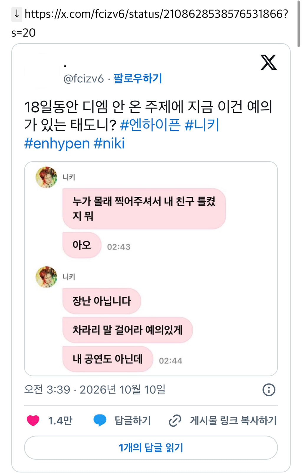 위켄드 콘에서 사진 찍혀서 기분 나쁜듯한 엔하이픈 니키 | 인스티즈